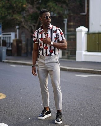 White Floral Short Sleeve Shirt Outfits For Men: 