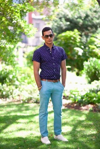 Men's Brown Leather Belt, White Low Top Sneakers, Aquamarine Chinos, Navy and White Polka Dot Short Sleeve Shirt