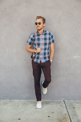 Men's Navy Sunglasses, White Canvas Low Top Sneakers, Burgundy Chinos, Blue Plaid Short Sleeve Shirt