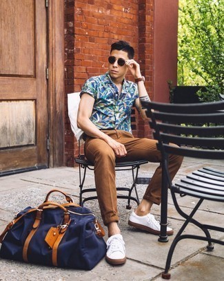 Men's Navy Canvas Holdall, White Canvas Low Top Sneakers, Tobacco Chinos, Blue Print Short Sleeve Shirt
