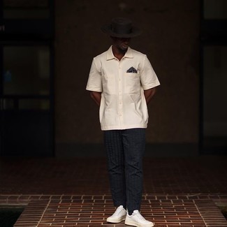 Men's Dark Brown Wool Hat, White Canvas Low Top Sneakers, Navy Vertical Striped Seersucker Chinos, Beige Short Sleeve Shirt