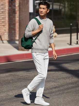 Men's Dark Green Canvas Backpack, White Low Top Sneakers, White Chinos, Grey Sweatshirt