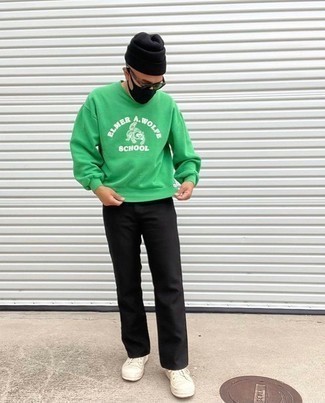 Men's Black Beanie, Beige Canvas Low Top Sneakers, Black Chinos, Green Print Sweatshirt