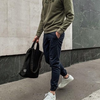 Men's Black Canvas Tote Bag, White Canvas Low Top Sneakers, Navy Chinos, Olive Print Sweatshirt