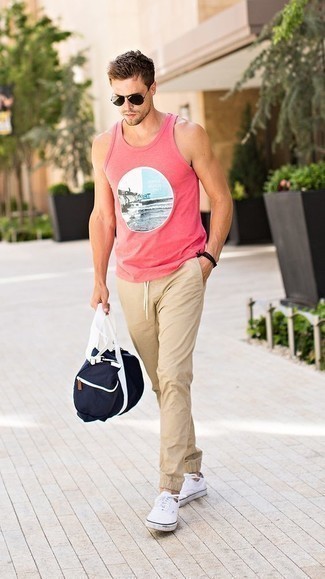 Pink Print Tank Outfits For Men: 