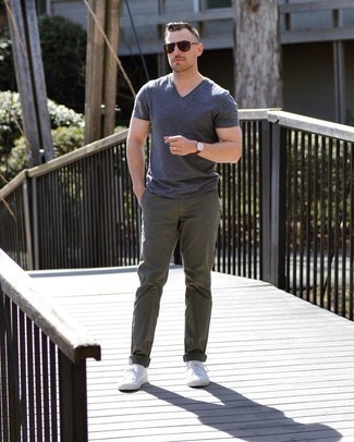 Men's Dark Brown Sunglasses, White Canvas Low Top Sneakers, Olive Chinos, Charcoal V-neck T-shirt