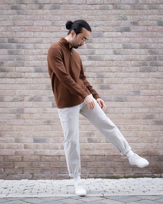 Dark Brown Zip Neck Sweater Outfits For Men: 