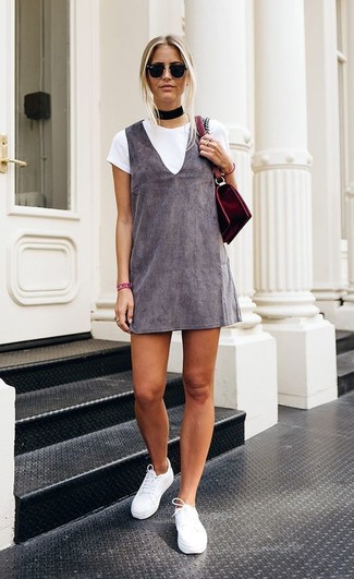 Women's Burgundy Suede Crossbody Bag, White Leather Low Top Sneakers, White Crew-neck T-shirt, Grey Overall Dress