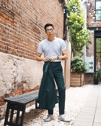 Men's Silver Sunglasses, White Leather Low Top Sneakers, White Horizontal Striped Crew-neck T-shirt, Dark Green Suit