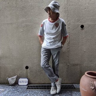 Men's Grey Bucket Hat, Grey Canvas Low Top Sneakers, Grey Dress Pants, White Embroidered Crew-neck T-shirt