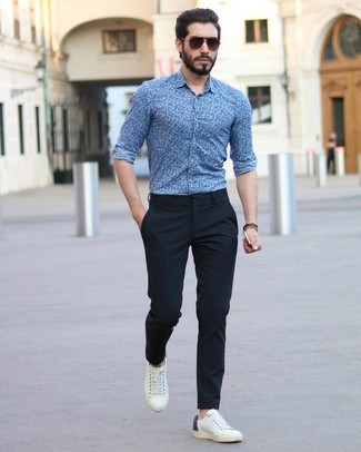 Navy and White Floral Dress Shirt Outfits For Men: 