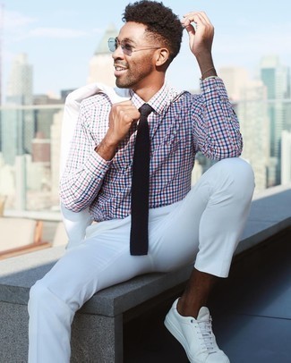 Men's Black Knit Tie, White Leather Low Top Sneakers, White and Red and Navy Gingham Dress Shirt, White Suit