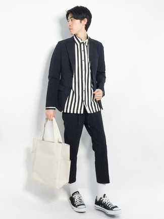 White and Black Vertical Striped Dress Shirt Outfits For Men: 