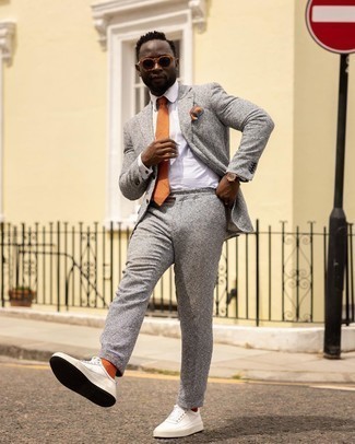 Men's Orange Print Tie, White Leather Low Top Sneakers, White Dress Shirt, Grey Check Wool Suit