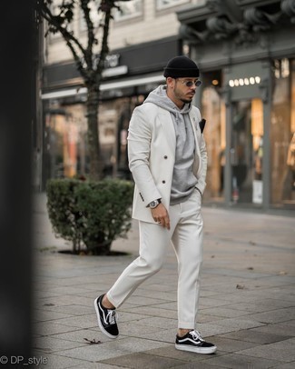 Men's Black Beanie, Black and White Canvas Low Top Sneakers, Grey Hoodie, White Suit
