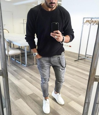 Men's Silver Watch, White Low Top Sneakers, Grey Ripped Jeans, Black Crew-neck Sweater