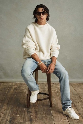 White Crew-neck Sweater with Jeans Outfits For Men: 