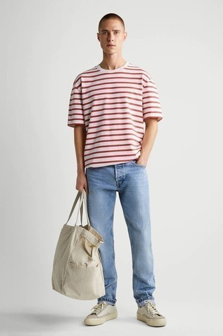 White and Red Horizontal Striped Crew-neck T-shirt Summer Outfits For Men: 