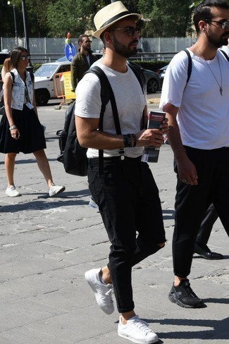 Men's Black Backpack, White Leather Low Top Sneakers, Black Ripped Jeans, White Crew-neck T-shirt