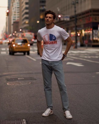 White Print Crew-neck T-shirt Outfits For Men: 