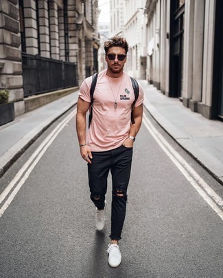 Black Jeans with White Canvas Sneakers Relaxed Summer Outfits For Men: 