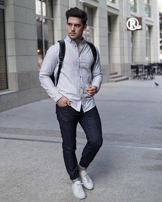 Charcoal Vertical Striped Long Sleeve Shirt Outfits For Men: 