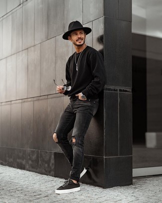 Men's Black Wool Hat, Charcoal Suede Low Top Sneakers, Charcoal Ripped Jeans, Black Long Sleeve T-Shirt