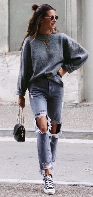 Women's Black Leather Crossbody Bag, Black and White Canvas Low Top Sneakers, Grey Ripped Jeans, Grey Oversized Sweater