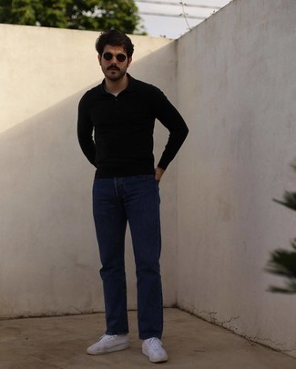 Black Polo Neck Sweater with Navy Jeans Outfits For Men: 