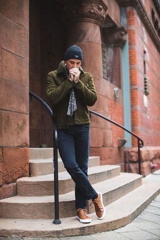 Men's Navy Beanie, Brown Leather Low Top Sneakers, Navy Jeans, Olive Shearling Jacket