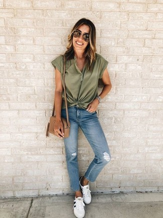 Women's Tan Leather Crossbody Bag, White Leather Low Top Sneakers, Blue Ripped Jeans, Olive Short Sleeve Button Down Shirt