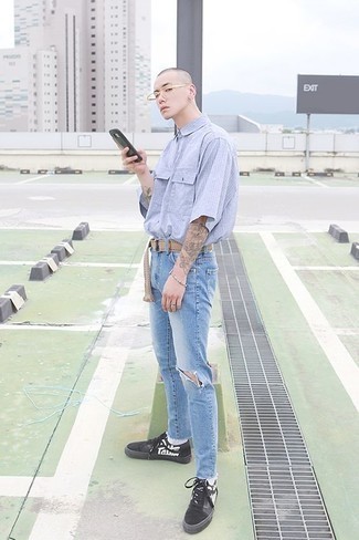 Men's Tan Canvas Belt, Black and White Print Canvas Low Top Sneakers, Light Blue Ripped Jeans, Light Blue Vertical Striped Short Sleeve Shirt