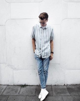 Men's Dark Brown Sunglasses, White Canvas Low Top Sneakers, Blue Ripped Jeans, Light Blue Vertical Striped Short Sleeve Shirt