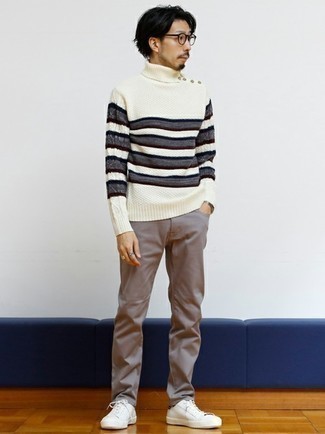 Men's Clear Sunglasses, White Canvas Low Top Sneakers, Brown Jeans, White Horizontal Striped Wool Turtleneck
