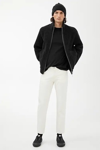 Black Fleece Zip Sweater Outfits For Men: 