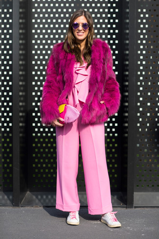 Women's Pink Leather Clutch, White Leather Low Top Sneakers, Pink Jumpsuit, Hot Pink Fur Coat