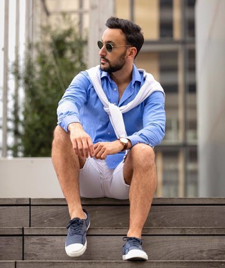 Men's Dark Green Sunglasses, Navy and White Canvas Low Top Sneakers, Blue Long Sleeve Shirt, White Crew-neck Sweater
