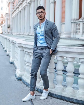 Light Blue Long Sleeve Shirt Outfits For Men: 
