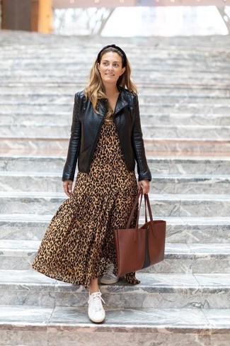 Women's Brown Leather Tote Bag, White Canvas Low Top Sneakers, Tan Leopard Maxi Dress, Black Leather Biker Jacket