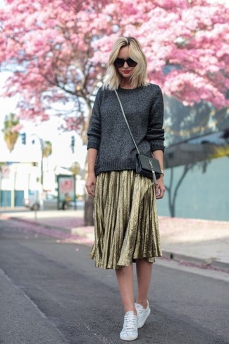 Women's Black Leather Crossbody Bag, White Low Top Sneakers, Gold Pleated Midi Skirt, Grey Crew-neck Sweater