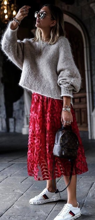 Women's Dark Brown Print Leather Backpack, White Embellished Leather Low Top Sneakers, Red Floral Tulle Midi Skirt, Grey Mohair Oversized Sweater