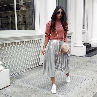 Silver Pleated Midi Skirt Outfits: 
