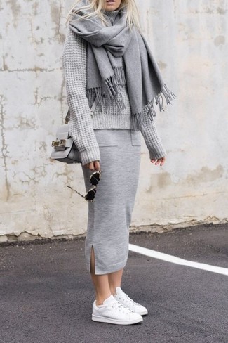 Women's Grey Leather Crossbody Bag, White Low Top Sneakers, Grey Midi Skirt, Grey Knit Turtleneck
