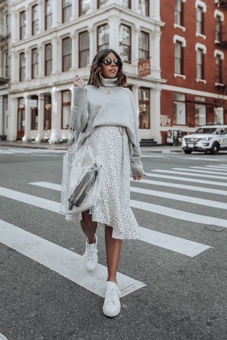 Women's Clear Rubber Tote Bag, White Leather Low Top Sneakers, White and Black Polka Dot Midi Skirt, Grey Knit Turtleneck