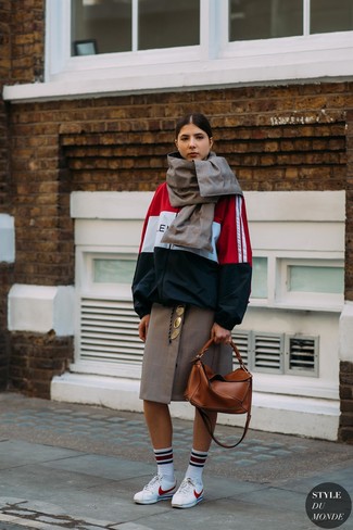 Brown Check Midi Skirt Outfits: 