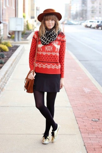 Women's Tobacco Leather Satchel Bag, Gold Sequin Low Top Sneakers, Black Mini Skirt, Red Fair Isle Crew-neck Sweater