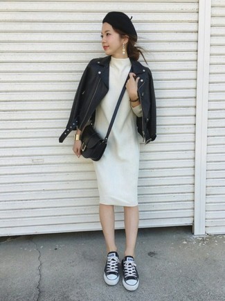 Women's Black Leather Crossbody Bag, Black and White Canvas Low Top Sneakers, White Wool Shift Dress, Black Leather Biker Jacket