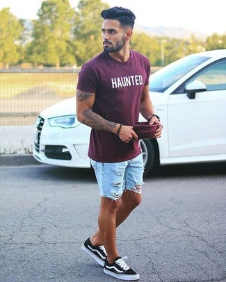 Burgundy Print Crew-neck T-shirt Outfits For Men: 