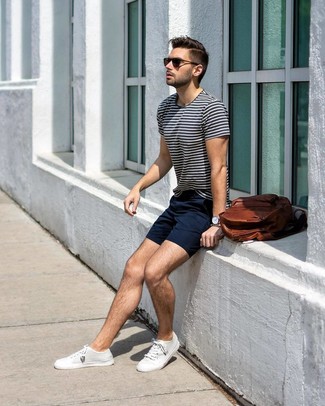 Men's Brown Leather Backpack, White Canvas Low Top Sneakers, Navy Shorts, White and Navy Horizontal Striped Crew-neck T-shirt