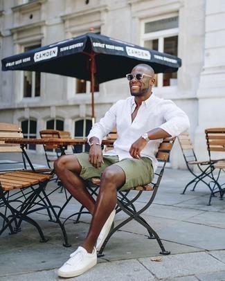 Men's Charcoal Sunglasses, White Canvas Low Top Sneakers, Olive Shorts, White Vertical Striped Long Sleeve Shirt